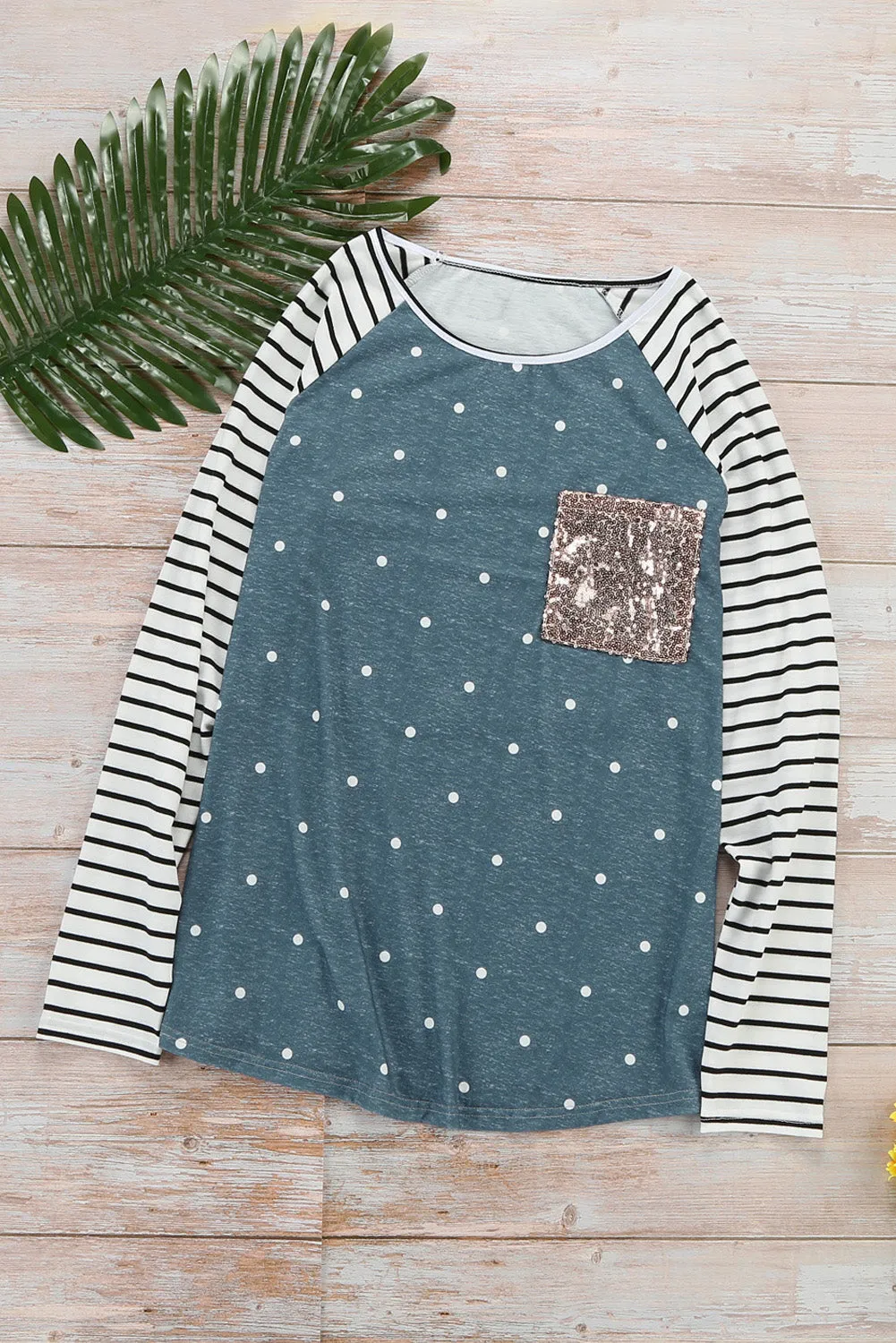 Sequin Pocket Black Leopard Panel Striped Sleeve Top