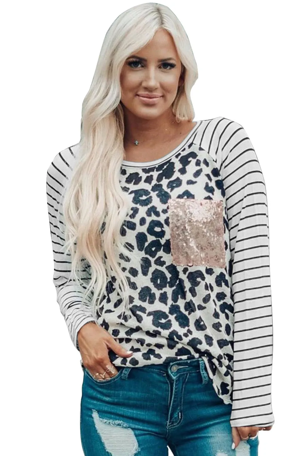Sequin Pocket Black Leopard Panel Striped Sleeve Top