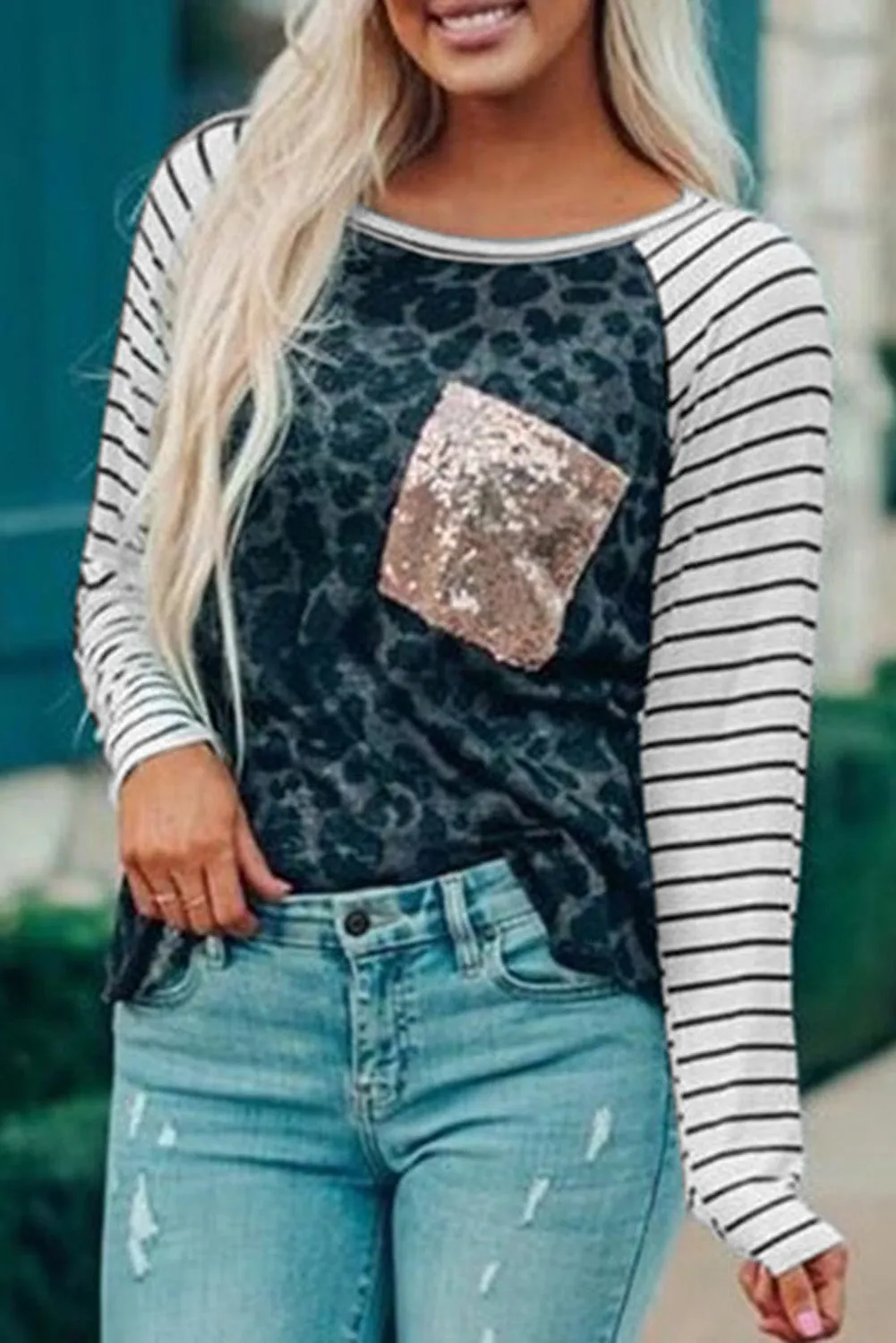 Sequin Pocket Black Leopard Panel Striped Sleeve Top