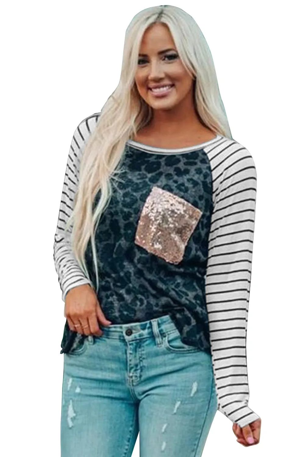 Sequin Pocket Black Leopard Panel Striped Sleeve Top