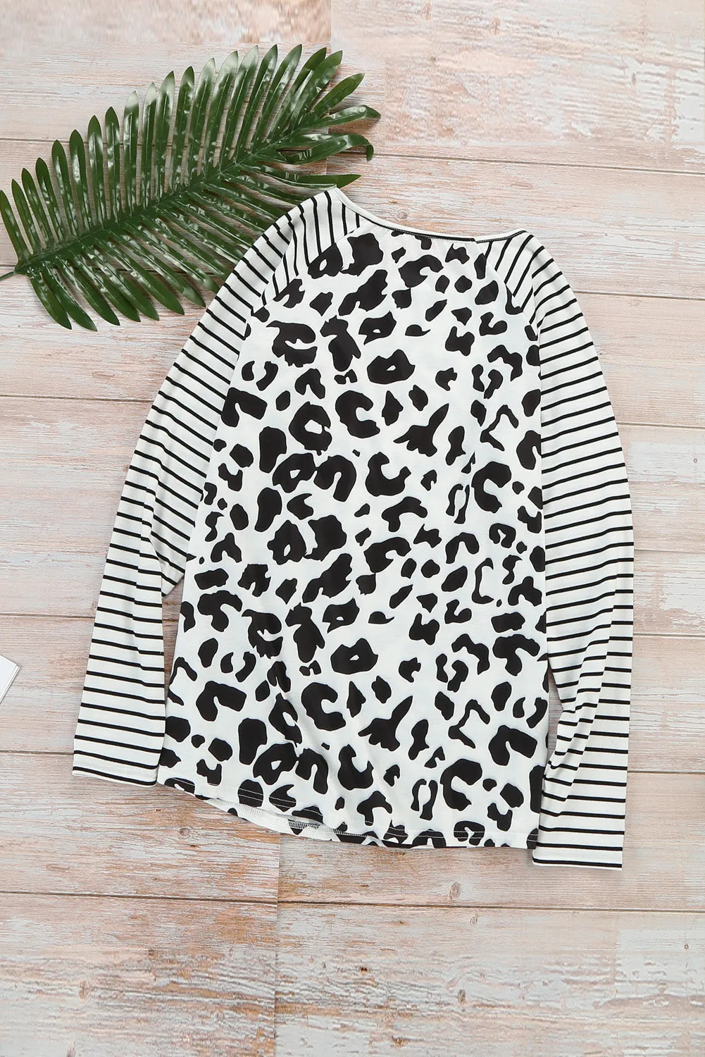 Sequin Pocket Black Leopard Panel Striped Sleeve Top