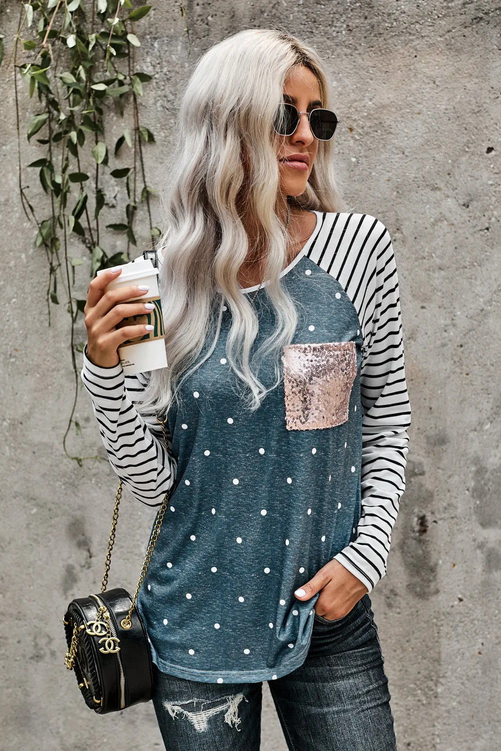 Sequin Pocket Black Leopard Panel Striped Sleeve Top