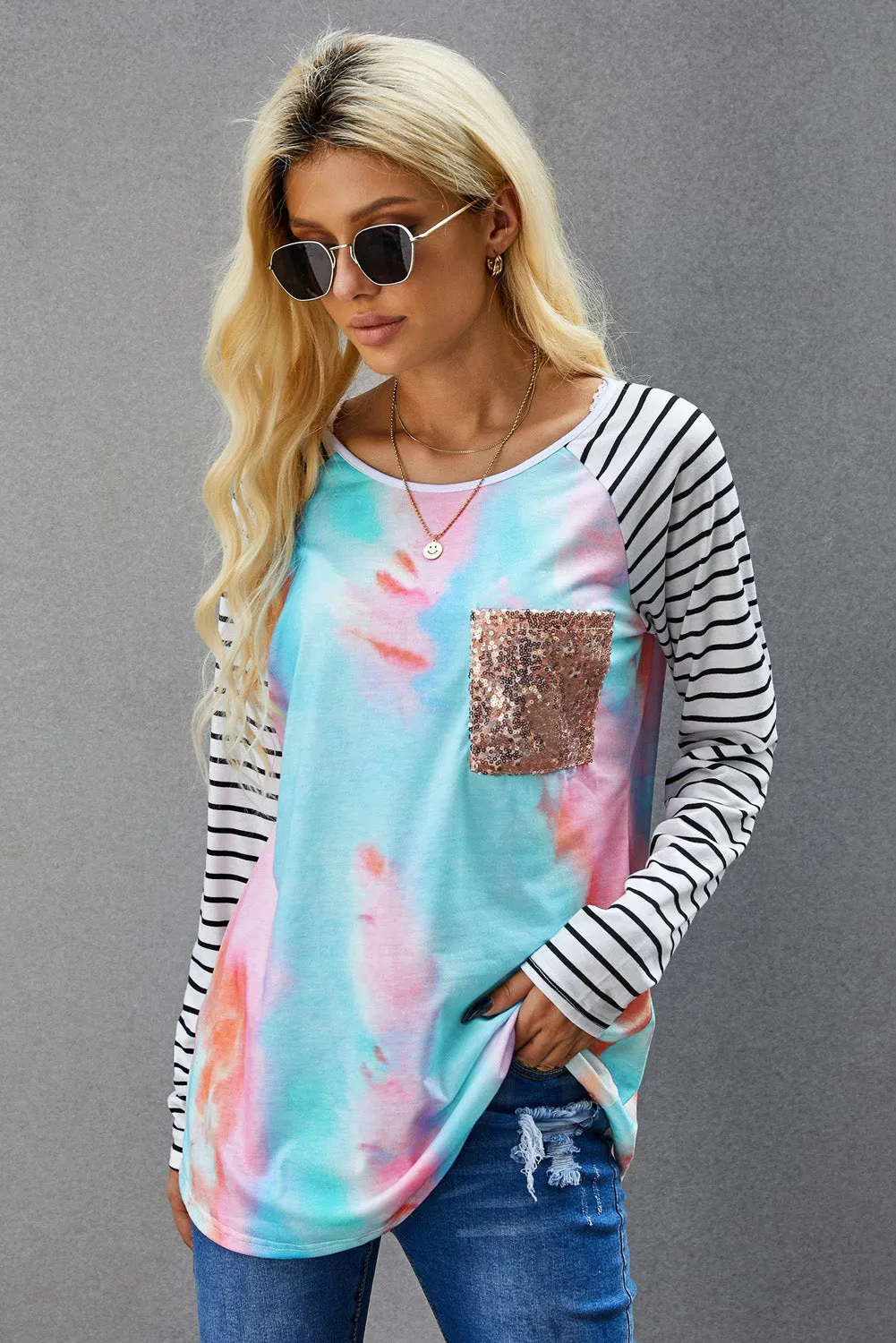 Sequin Pocket Black Leopard Panel Striped Sleeve Top