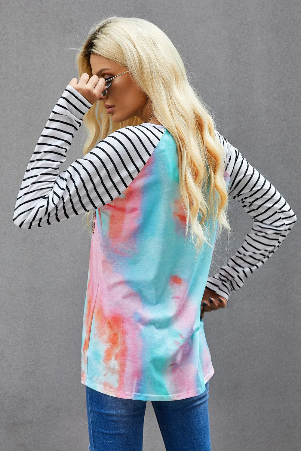 Sequin Pocket Black Leopard Panel Striped Sleeve Top