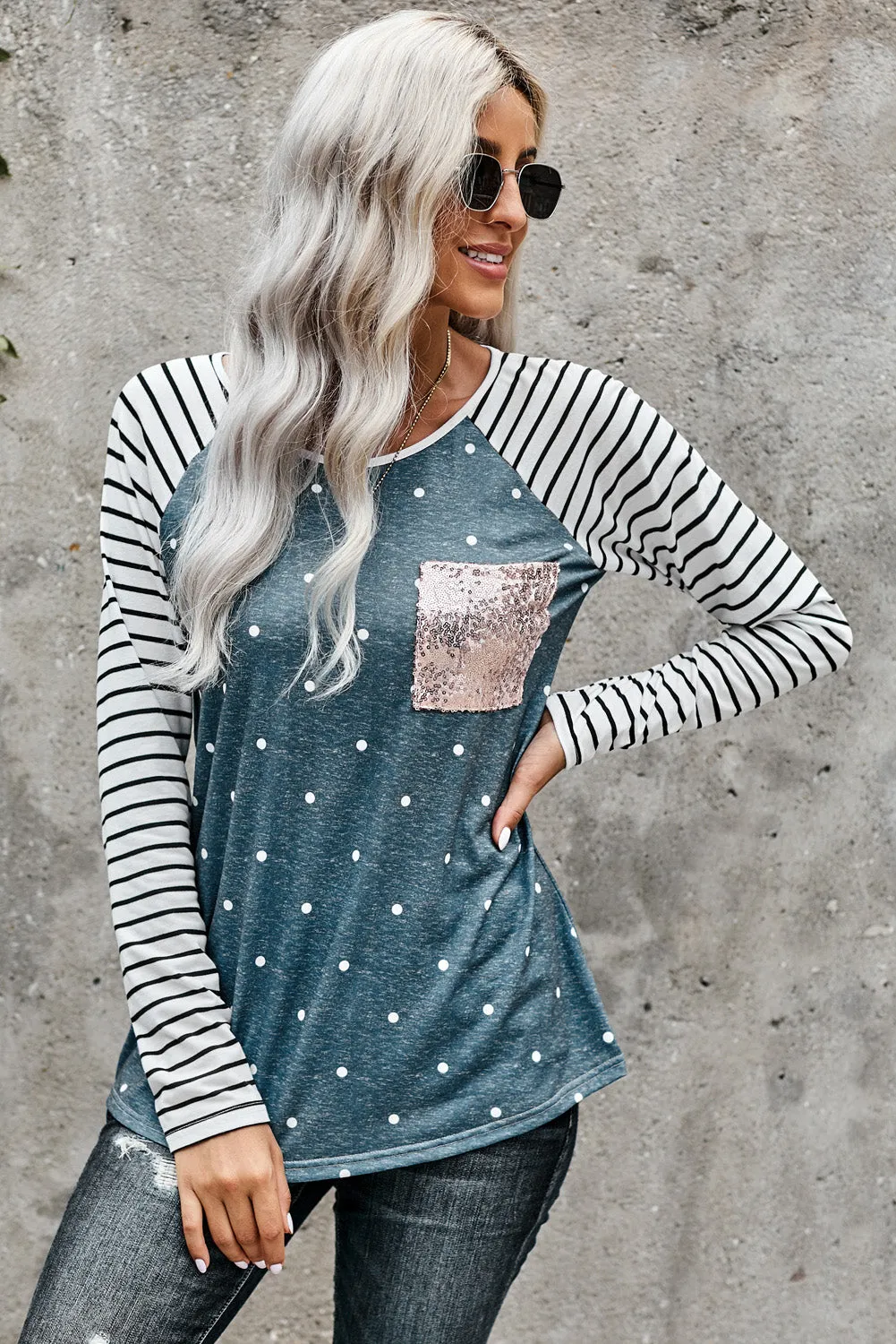 Sequin Pocket Black Leopard Panel Striped Sleeve Top