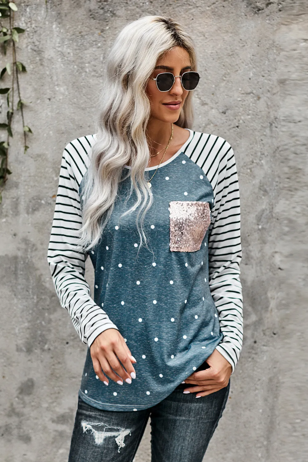 Sequin Pocket Black Leopard Panel Striped Sleeve Top