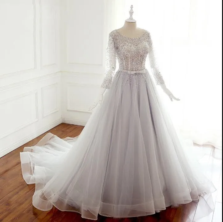 Sequin Sparkly Top Long Sleeves Scoop Unique Design Wedding Dresses, Spring Summer Free Custom Bridal Gowns , WD0283