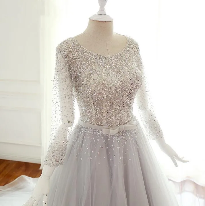 Sequin Sparkly Top Long Sleeves Scoop Unique Design Wedding Dresses, Spring Summer Free Custom Bridal Gowns , WD0283