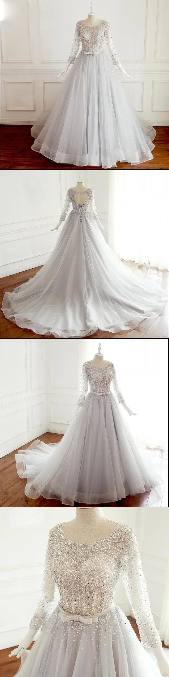 Sequin Sparkly Top Long Sleeves Scoop Unique Design Wedding Dresses, Spring Summer Free Custom Bridal Gowns , WD0283