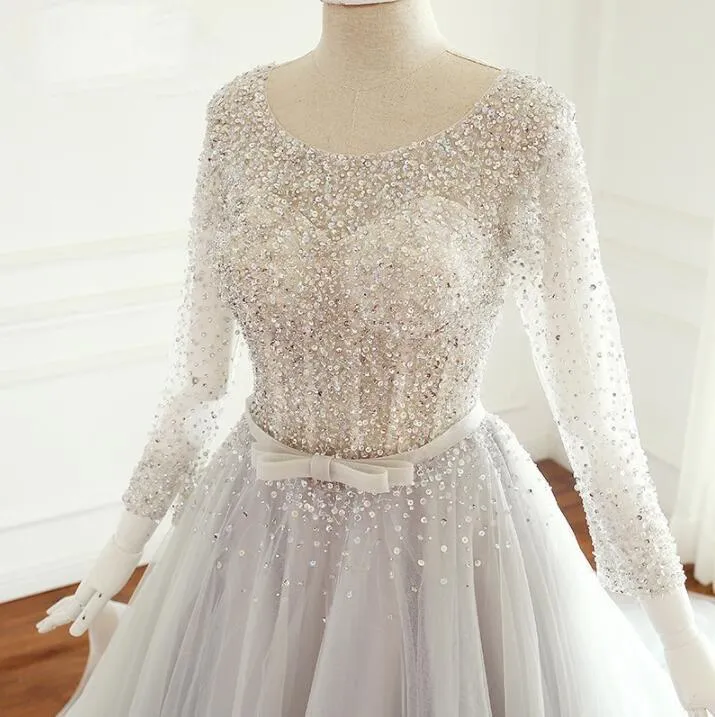 Sequin Sparkly Top Long Sleeves Scoop Unique Design Wedding Dresses, Spring Summer Free Custom Bridal Gowns , WD0283
