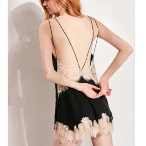 Sexy Backless Mulberry Silk Sleep Dress with Lace Hemline for Summer (Black/ White)