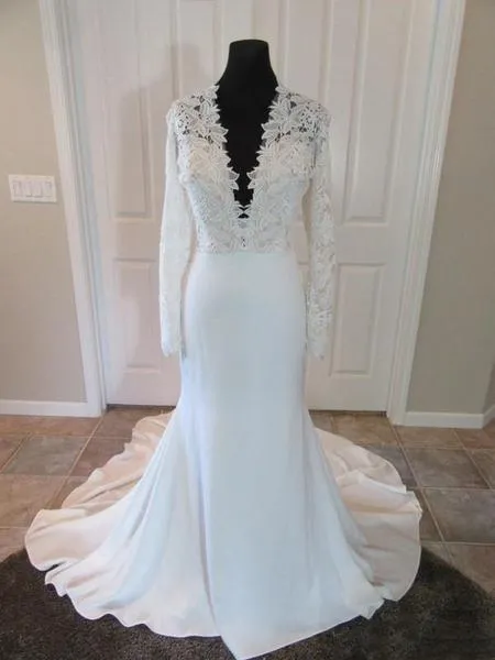 Sexy Deep V-Neck Lace Long-sleeve Top Mermaid Long Wedding Dresses, WD0038