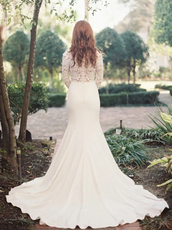 Sexy Deep V-Neck Lace Long-sleeve Top Mermaid Long Wedding Dresses, WD0038