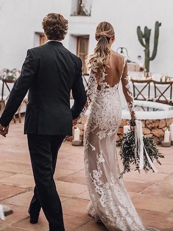 Sexy Illusion Long Sleeves Lace Open Back Mermaid Beach Country Wedding Dresses, WD0576