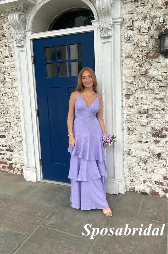 Sexy Lilac Special Fabric Spaghetti Straps V-Neck Sleeveless A-Line Long Prom Dresses, PD3866