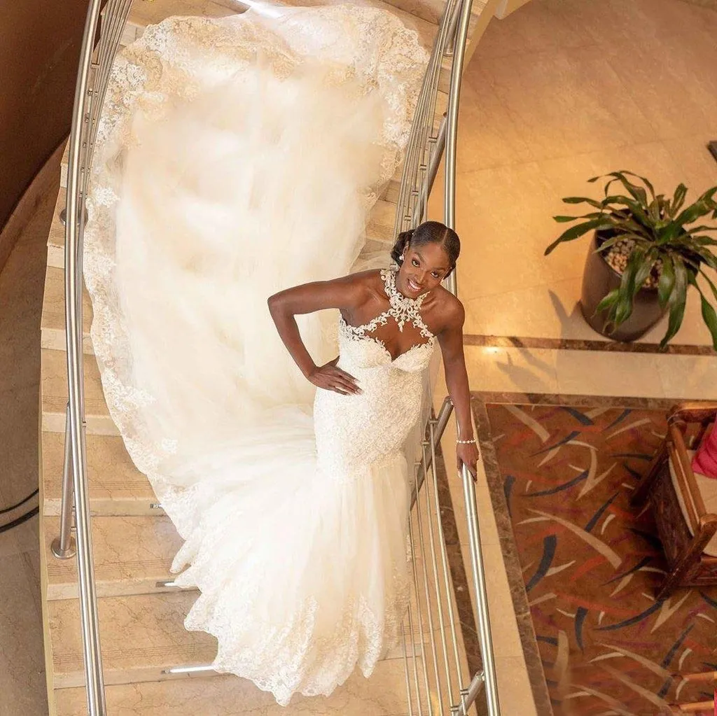 Sexy Luxury Halter Lace Sweetheart Mermaid With Long Train Wedding Dress, WD3067