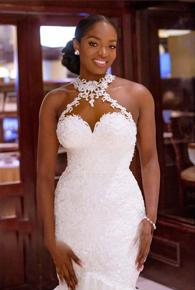 Sexy Luxury Halter Lace Sweetheart Mermaid With Long Train Wedding Dress, WD3067