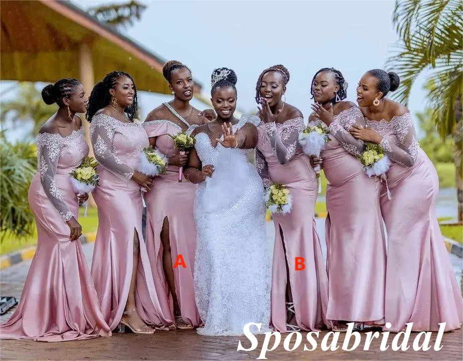 Sexy Pink Lace And Soft Satin Long Sleeves Side Slit Mermaid Floor Length Bridesmaid Dresses, BD3315