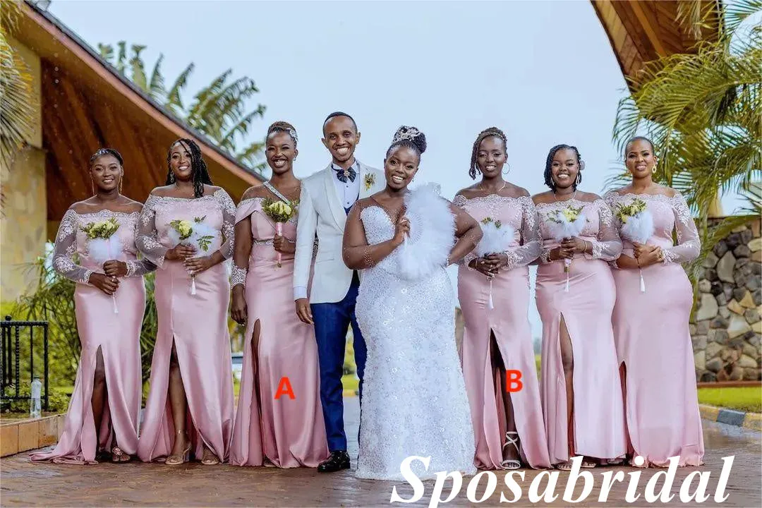 Sexy Pink Lace And Soft Satin Long Sleeves Side Slit Mermaid Floor Length Bridesmaid Dresses, BD3315