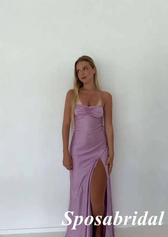 Sexy Soft Satin Spaghetti Straps Square Sleeveless Side Slit Mermaid Long Prom Dresses, PD3904