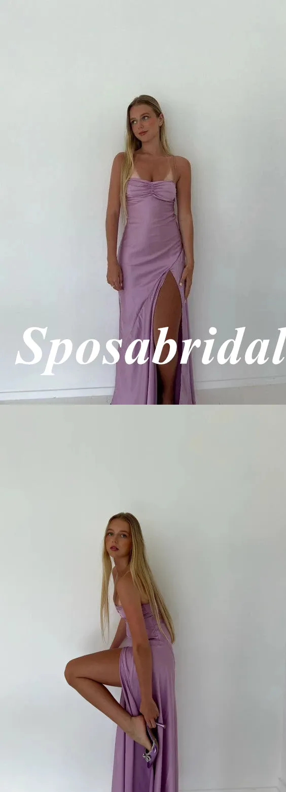 Sexy Soft Satin Spaghetti Straps Square Sleeveless Side Slit Mermaid Long Prom Dresses, PD3904