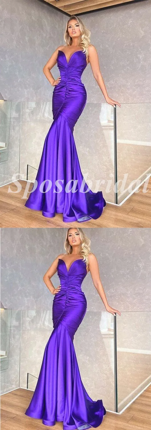 Sexy Soft Satin Sweetheart V-Neck Sleeveless Mermaid Long Prom Dresses, PD3591