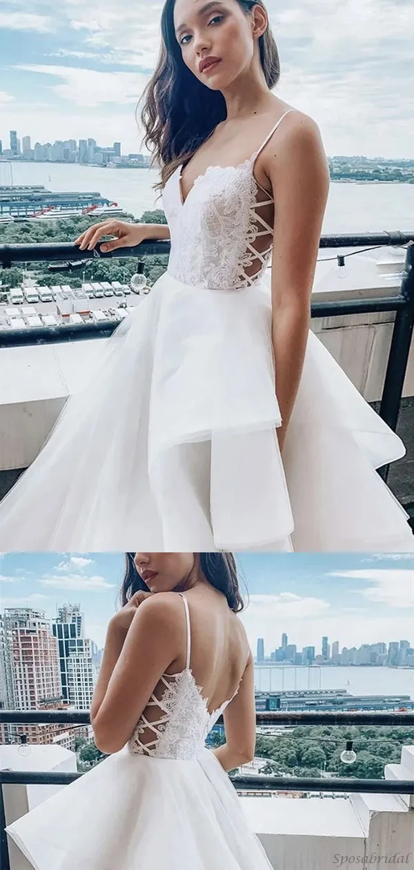 Sexy Spaghetti Strap Sweetheart Ribbon Side A-line Ruffle Long Wedding Dress, WD3056