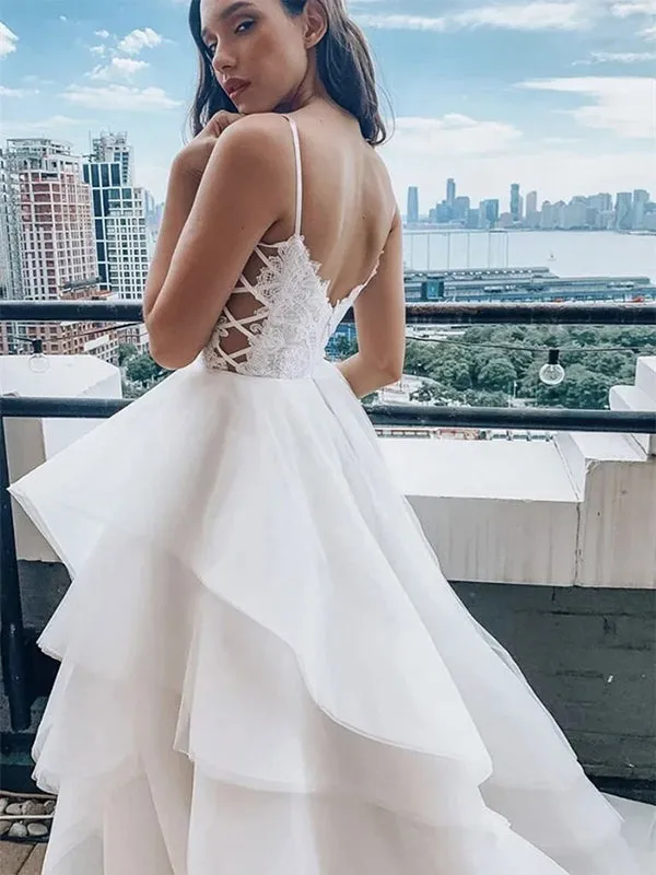 Sexy Spaghetti Strap Sweetheart Ribbon Side A-line Ruffle Long Wedding Dress, WD3056