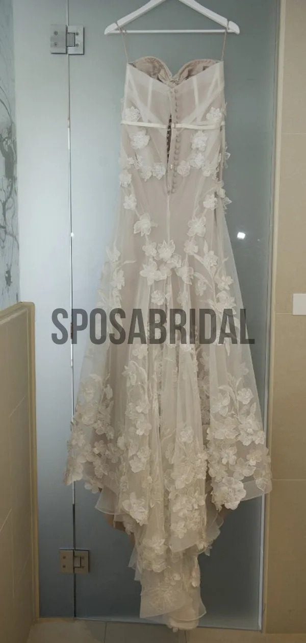 Sexy Strapless Sweetheart Mermaid Long Lace Boho Wedding Dresses, WD0526
