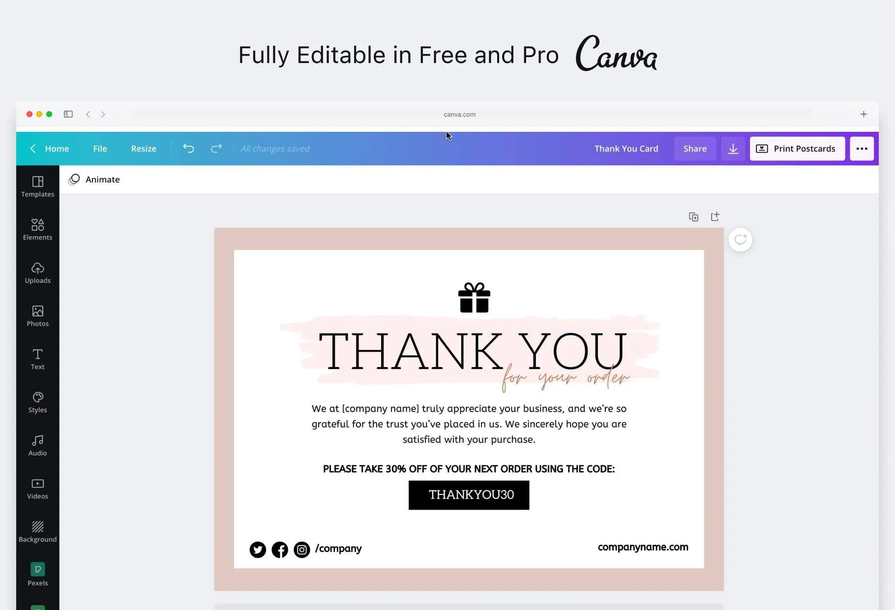 Shirley Printable Thank You Card Packaging Insert Note Canva Template