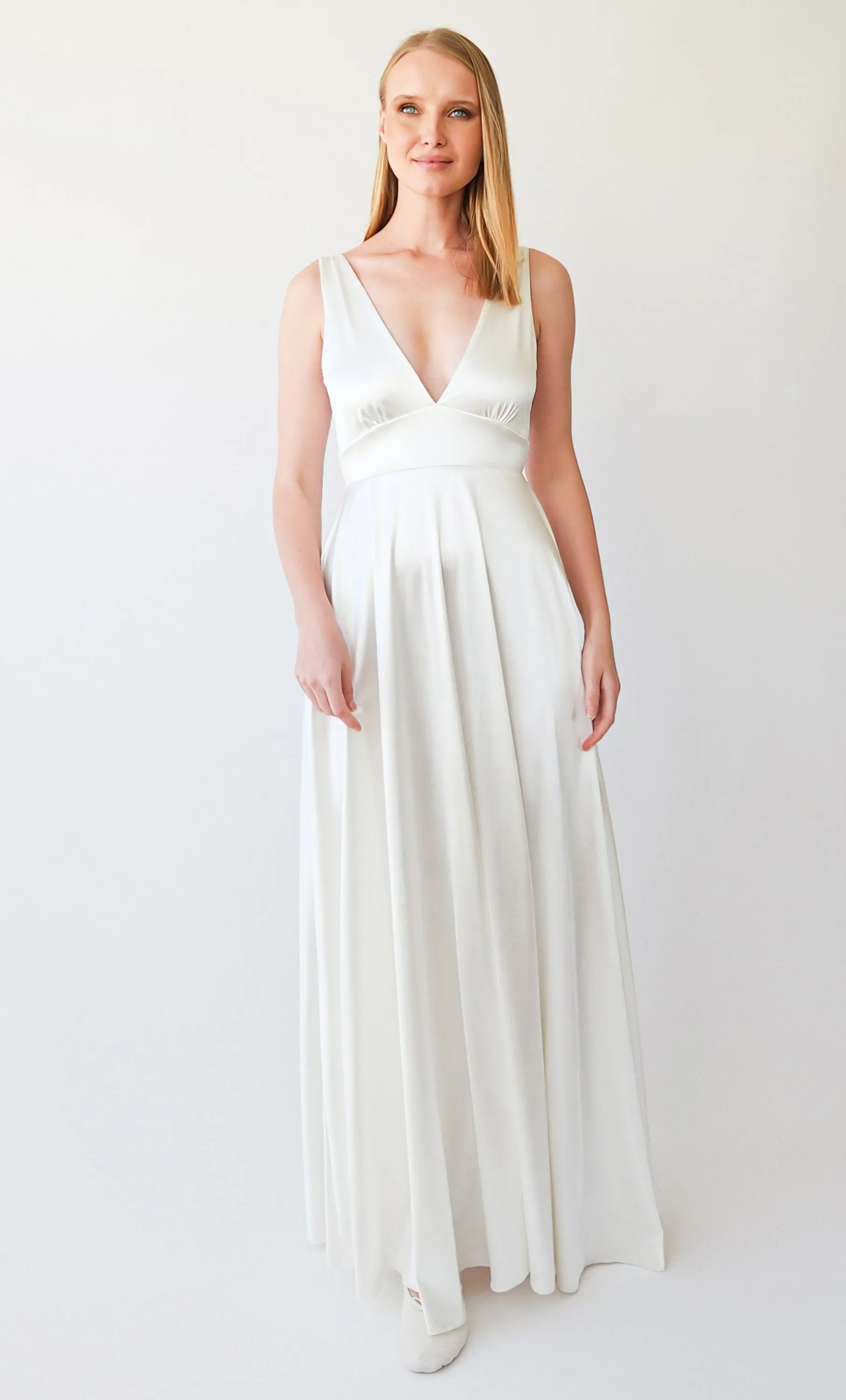 Silky Satin Deep V Neckline Simple Minimalist Wedding Dress #1395