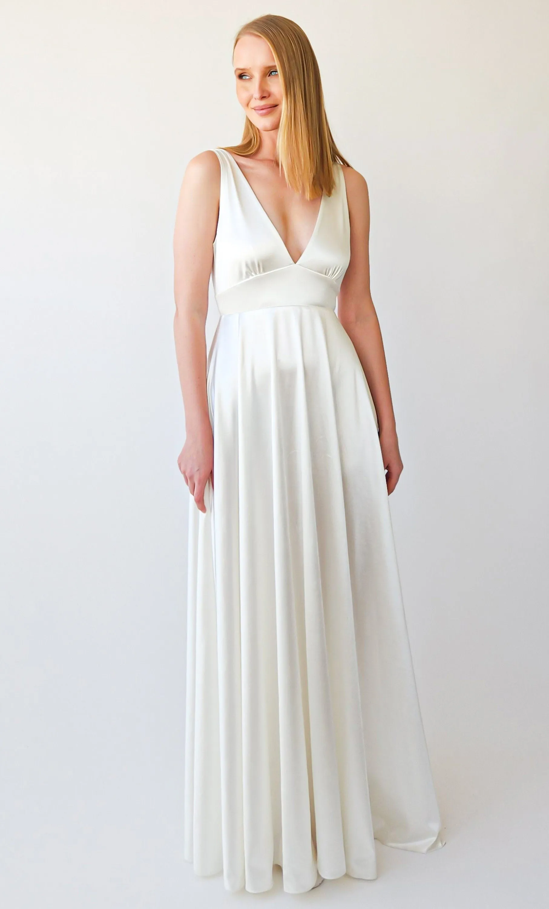 Silky Satin Deep V Neckline Simple Minimalist Wedding Dress #1395