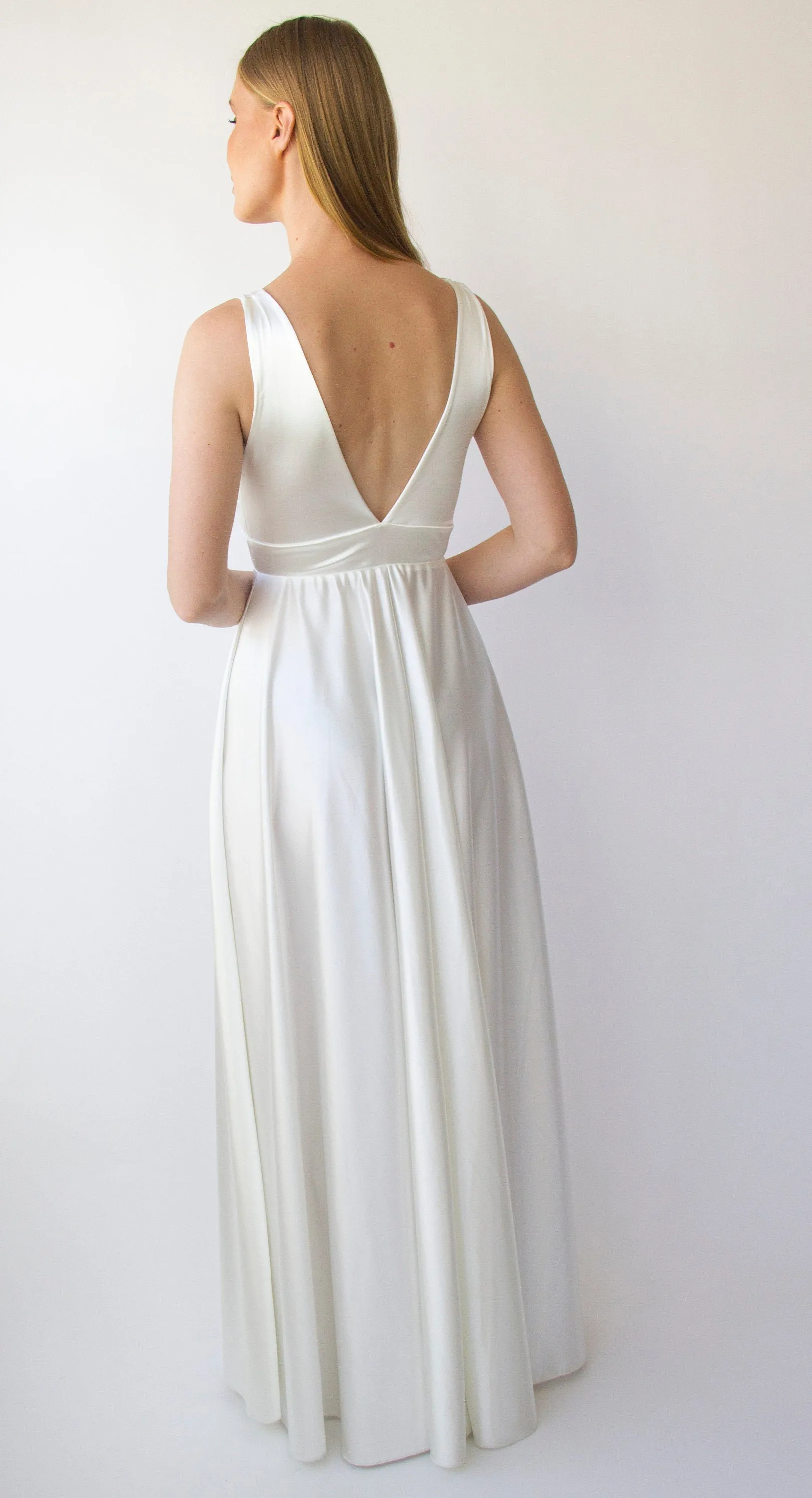 Silky Satin Deep V Neckline Simple Minimalist Wedding Dress #1395