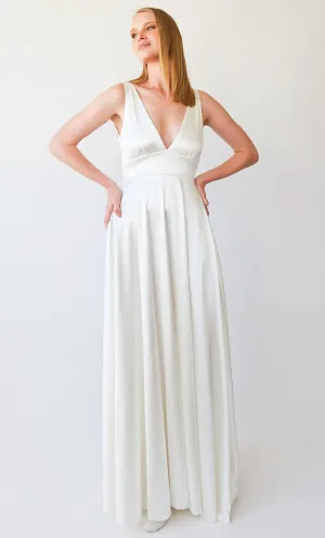 Silky Satin Deep V Neckline Simple Minimalist Wedding Dress #1395