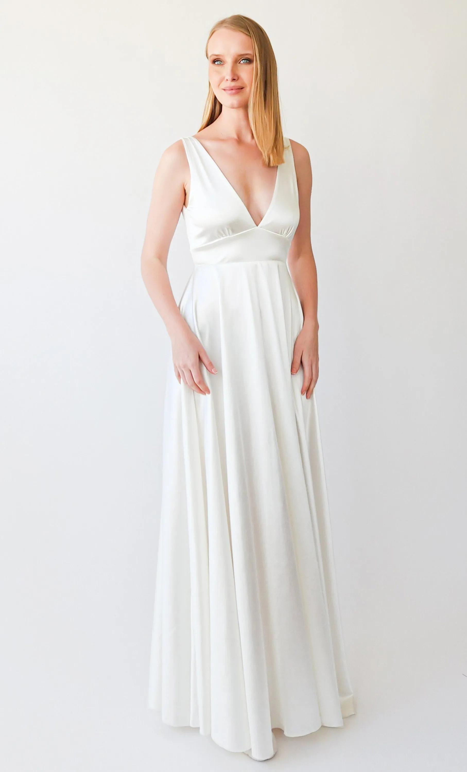 Silky Satin Deep V Neckline Simple Minimalist Wedding Dress #1395