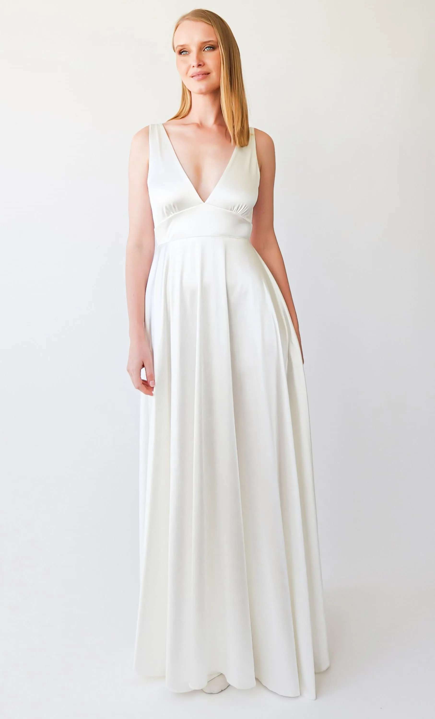 Silky Satin Deep V Neckline Simple Minimalist Wedding Dress #1395