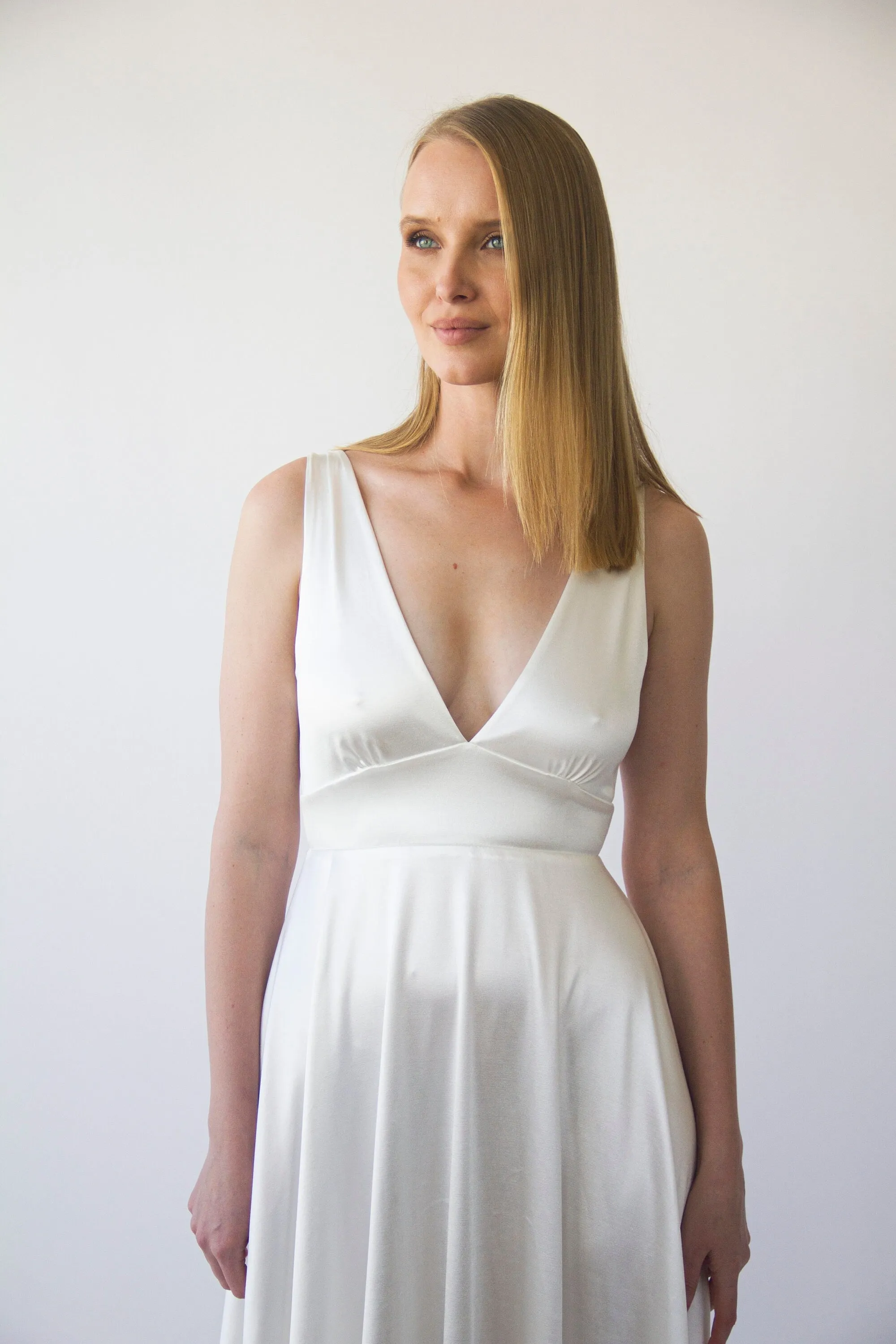 Silky Satin Deep V Neckline Simple Minimalist Wedding Dress #1395