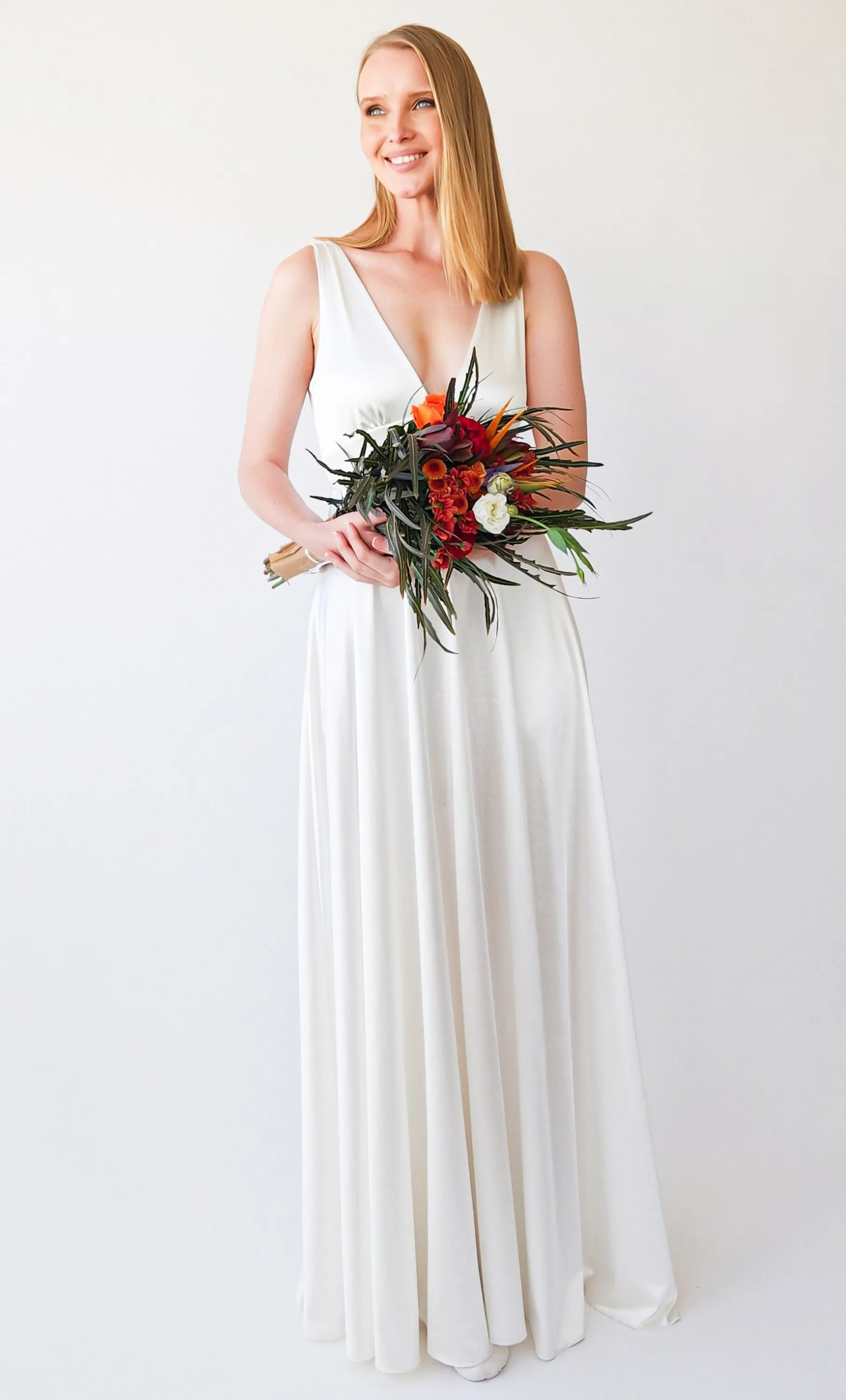 Silky Satin Deep V Neckline Simple Minimalist Wedding Dress #1395