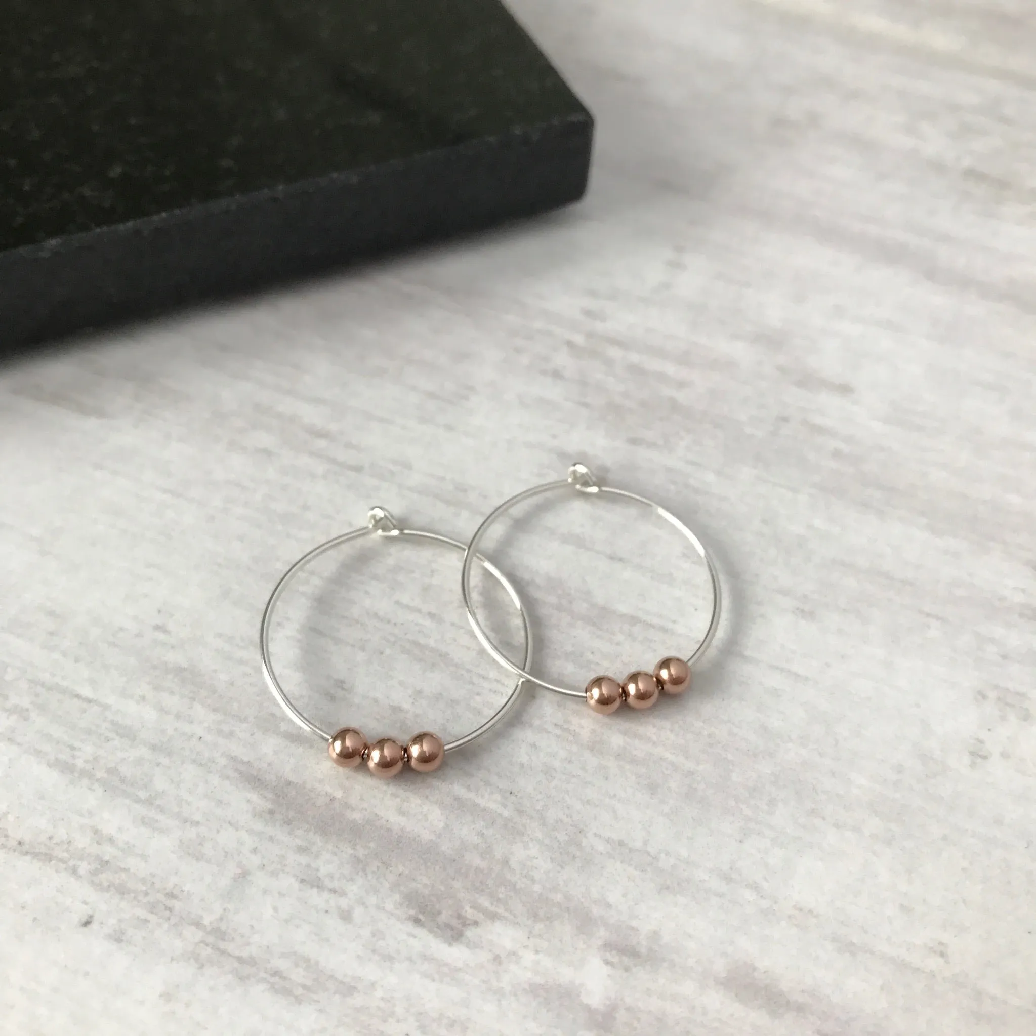 Silver Hoop Earrings with Rose Gold Beads