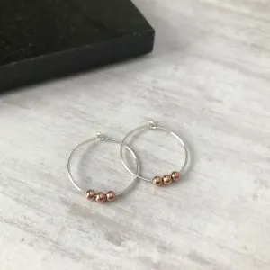 Silver Hoop Earrings with Rose Gold Beads
