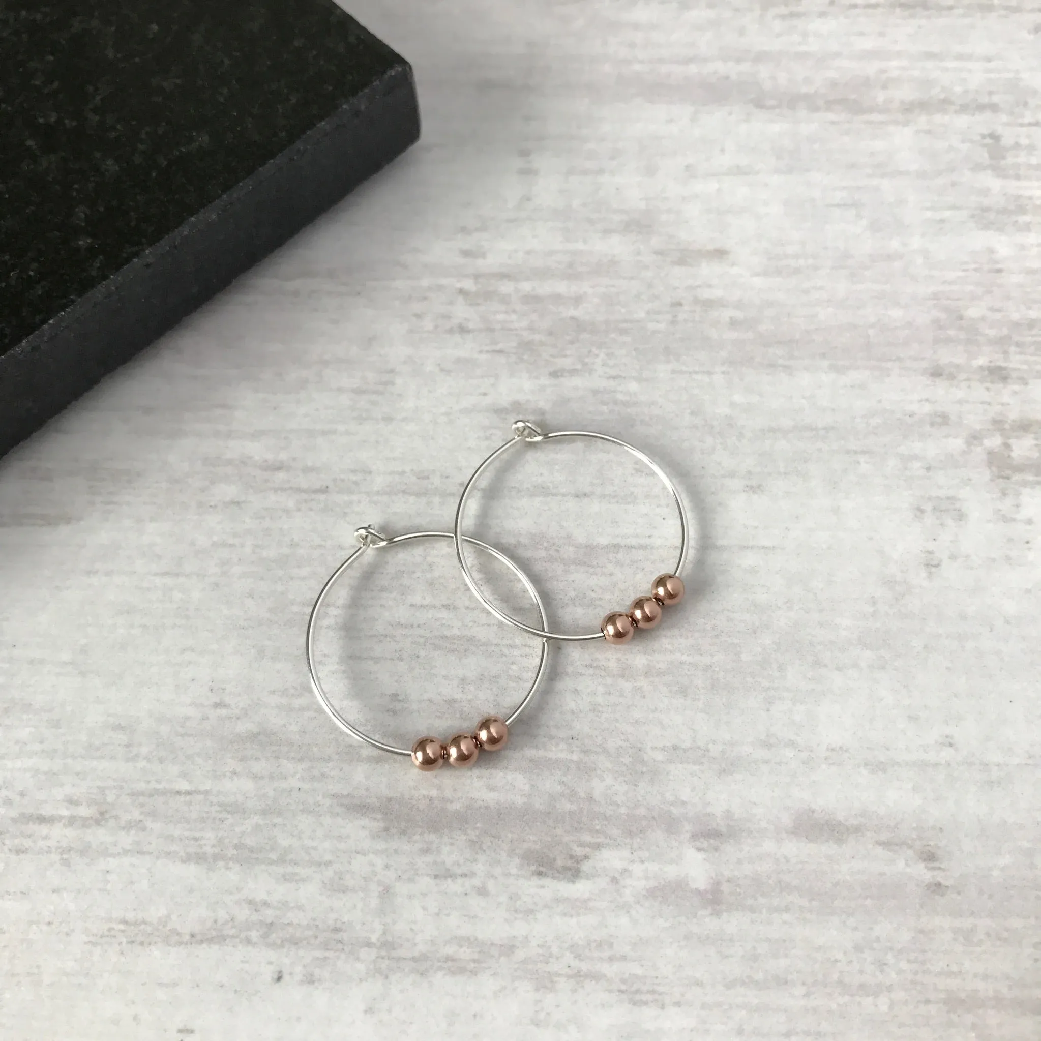 Silver Hoop Earrings with Rose Gold Beads