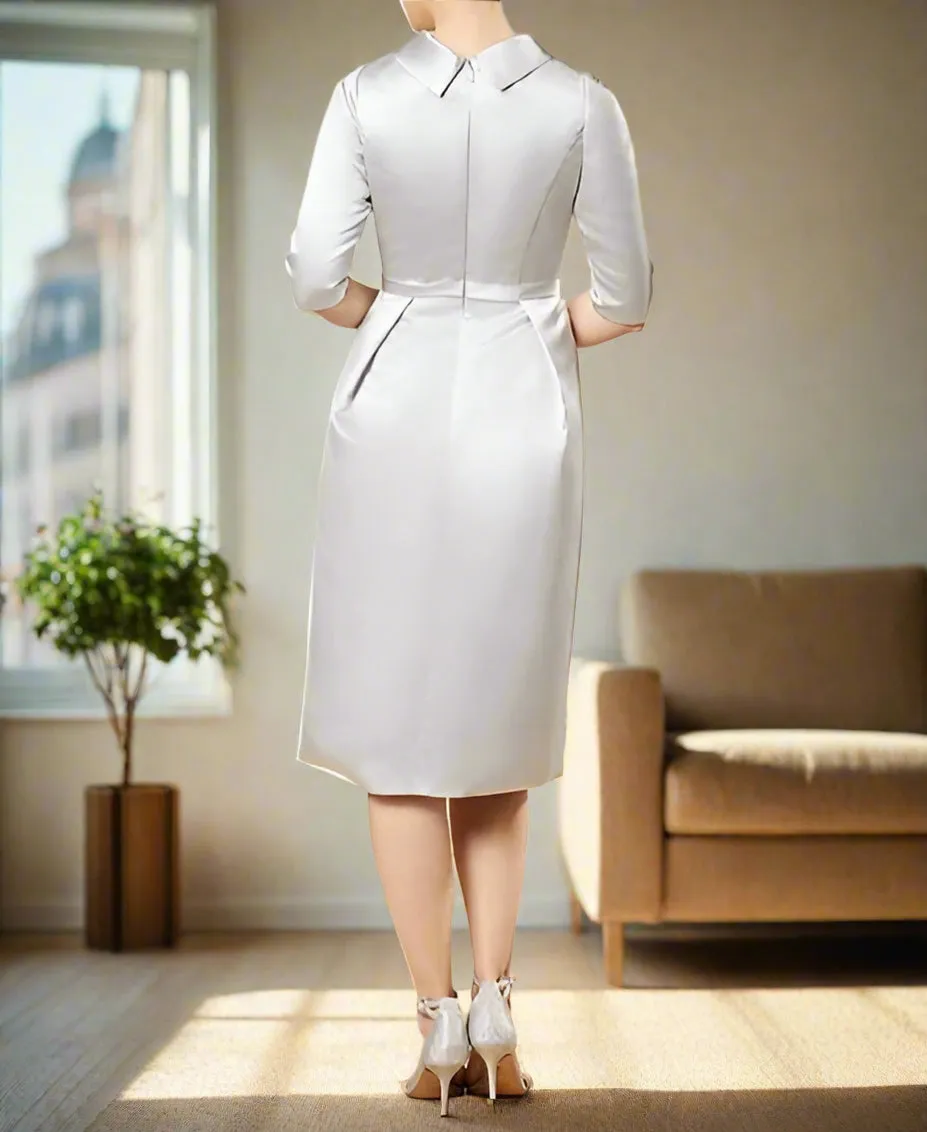 Silver Minimalist Shirt Collar Knee Length Column Mother of the Bride Dress