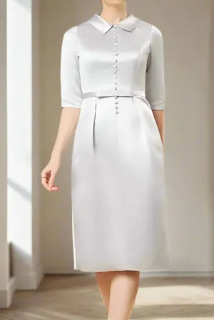 Silver Minimalist Shirt Collar Knee Length Column Mother of the Bride Dress