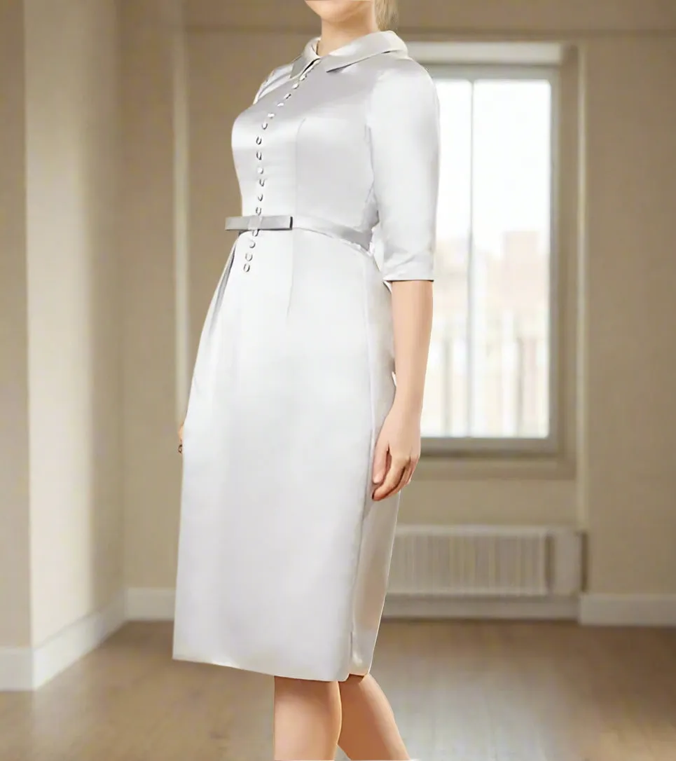 Silver Minimalist Shirt Collar Knee Length Column Mother of the Bride Dress