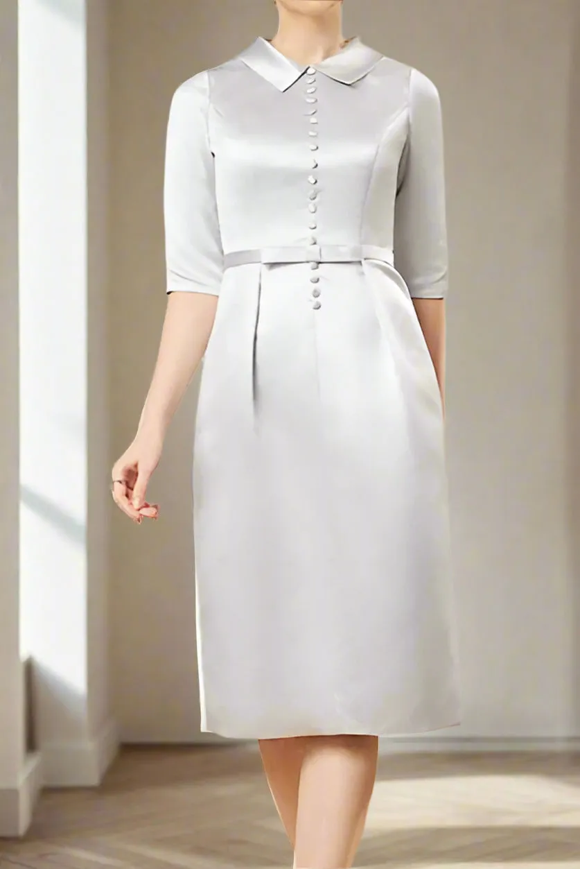 Silver Minimalist Shirt Collar Knee Length Column Mother of the Bride Dress