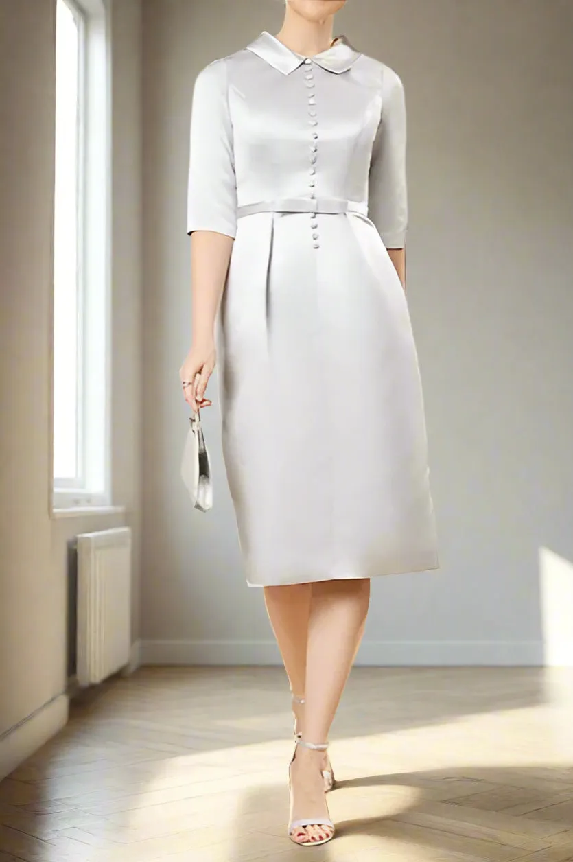 Silver Minimalist Shirt Collar Knee Length Column Mother of the Bride Dress
