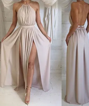 Simple A-line Backless Chiffon Long Prom Dresses, Formal Dresses