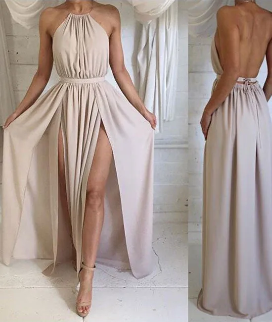 Simple A-line Backless Chiffon Long Prom Dresses, Formal Dresses
