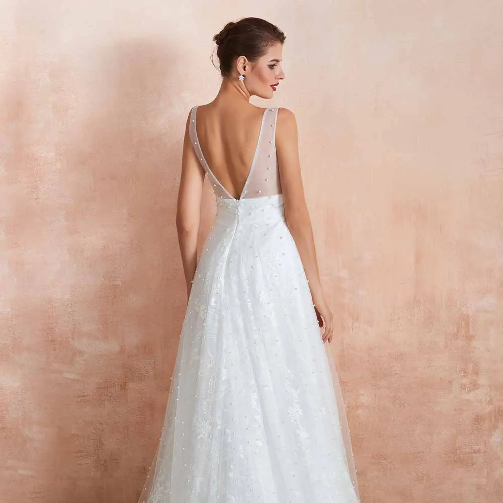 Simple Boho Slim A-line Lace Wedding Dress with Pearls EN3413
