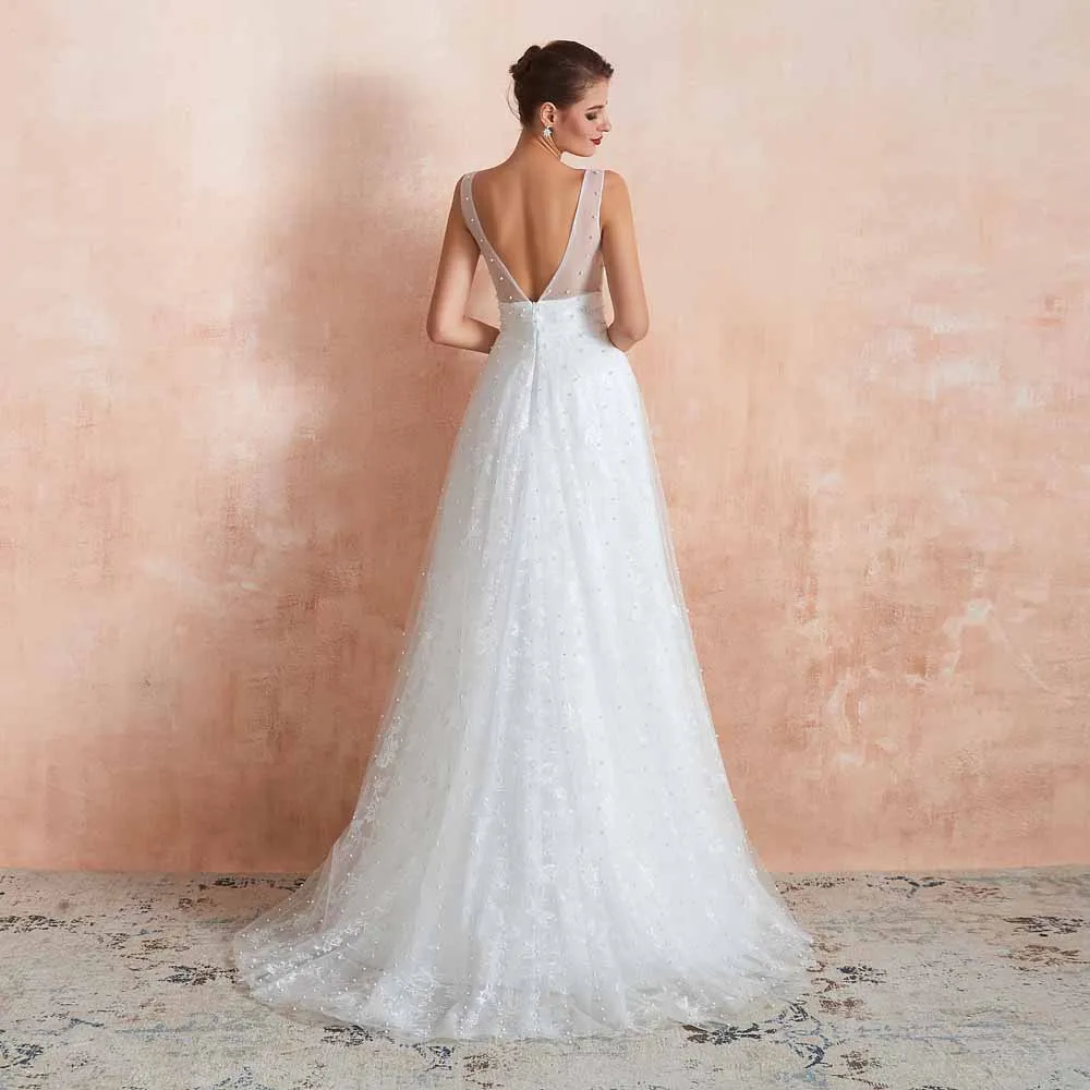 Simple Boho Slim A-line Lace Wedding Dress with Pearls EN3413